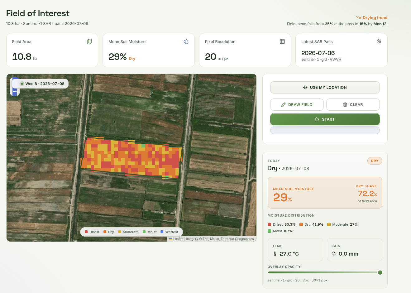 The field filled with the soil-moisture result after pressing Start.